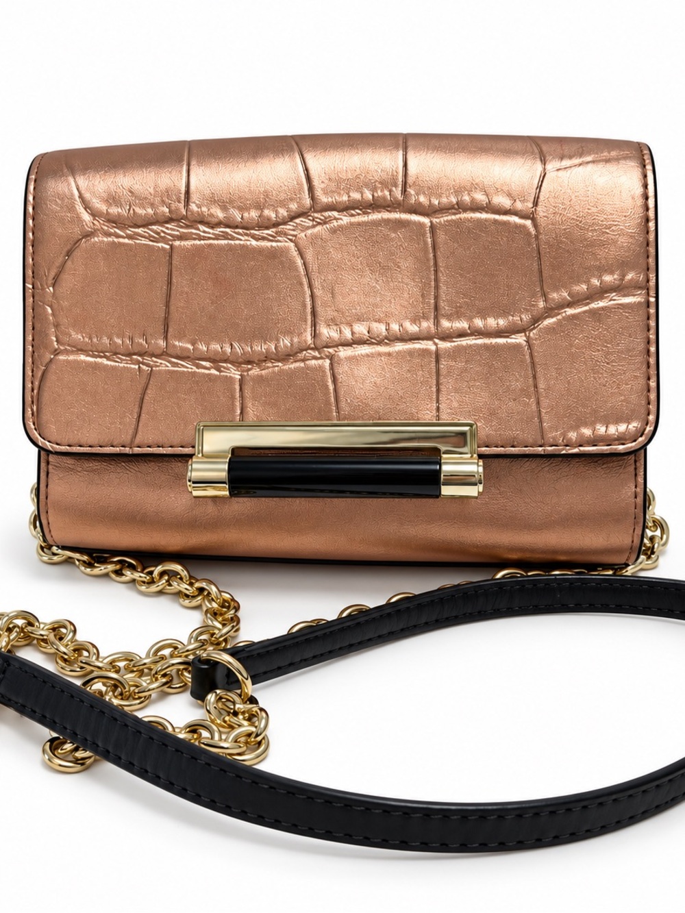 Diane Von Furstenberg Metallic Rose Gold Croc-Embossed Crossbody with Black Trim